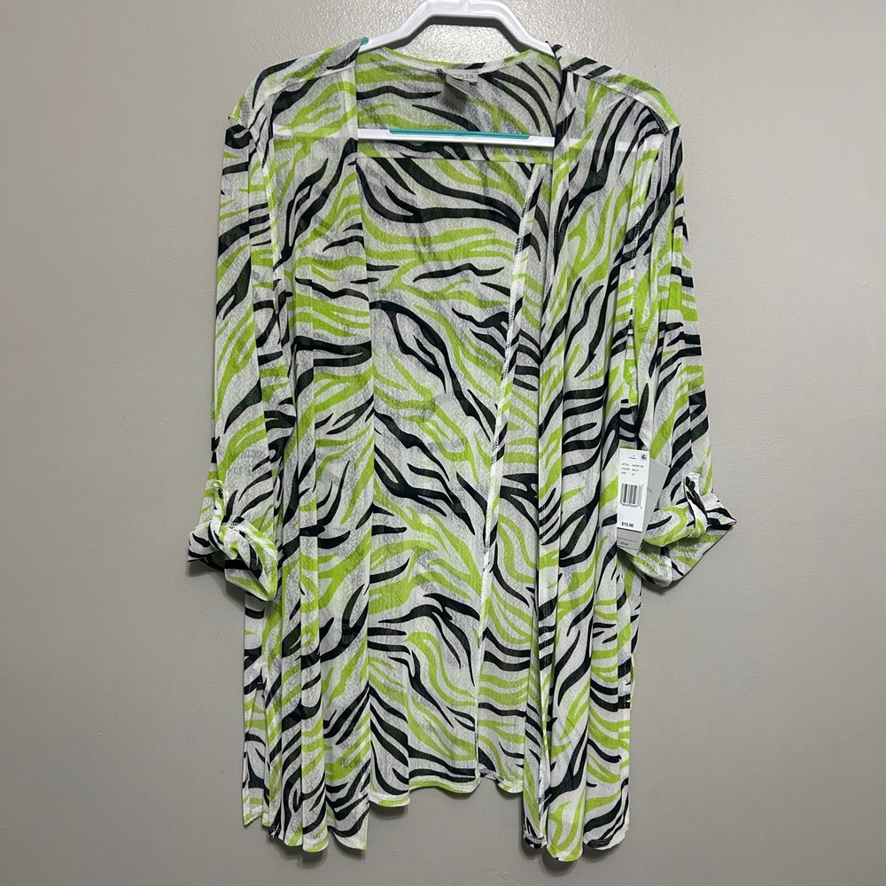 Multiples Zebra Print Cardigan Women 3X Lime Green NEW Split Back Roll Tab Sheer